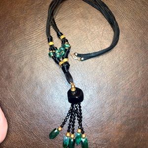 Vintage black and green long beaded necklace